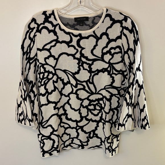Anne Klein Ivory and Black Floral Knit Top with Bell Sleeves - Picture 1 of 6